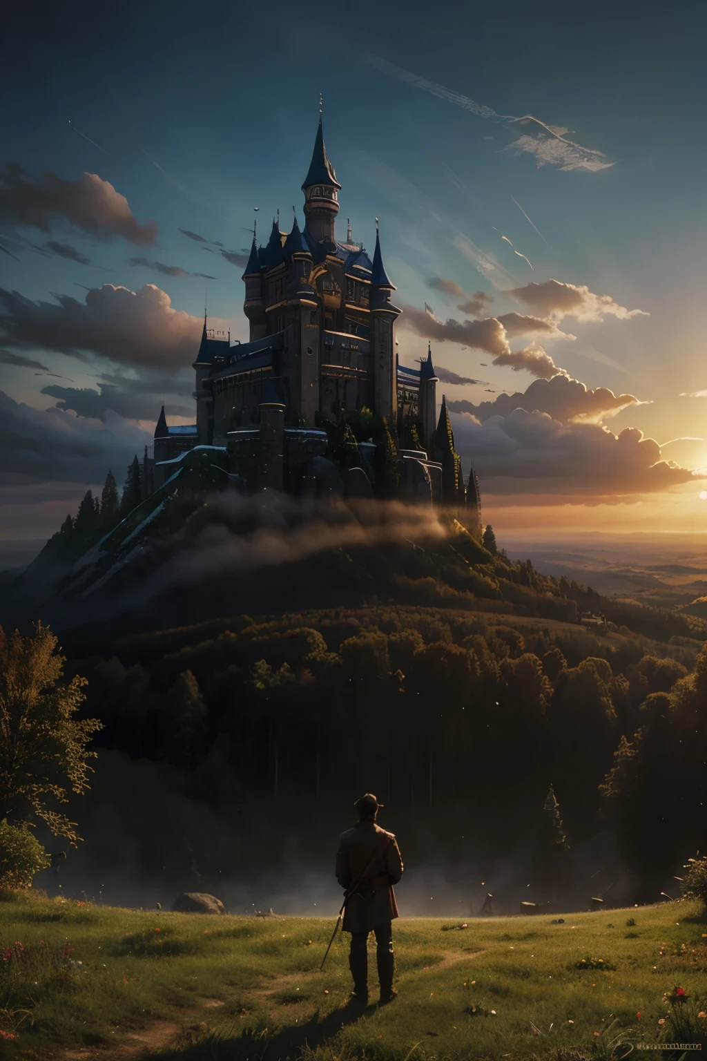 painting of a man in traditional slavic clothing standing with spread hands to the sky, watching the sky and praying with open arms, a detailed matte painting inspired by Tuomas Korpi, cg society contest winner, fantasy art, tomas kinkade, the entrance of valhalla, in the early morning, kalevala, summer morning, slavic folk fairytale, charles vess and thomas kinkade, illustration matte painting, man standing from behind, spectator from behind a man, a silhouette of a castle in the sky, emerald castle in the sky, fantasy castle in the skies