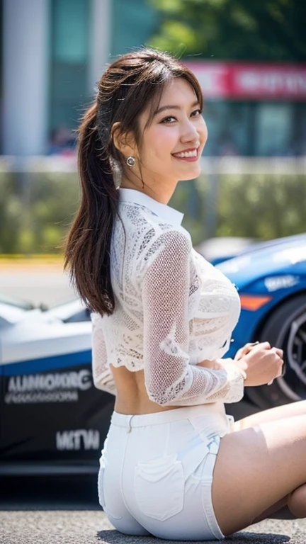 Highly detailed CG Unity 8K wallpaper, highest quality, Super detailed, masterpiece, realistic, photo realistic, Highly detailed cute girl, 25 years old, (whole bodyからつま先まで:1.4)、(whole body)、(whole body to toes)、(shot from the side)、(sitting on the hood of a car)、(lace queen)、(sexy pose),(model pose)、(big breasts)、(big ass)、(smile at the camera)、( smile ),(whole bodyショット) ,(Side view)、(side shot)、(ponytail)、(photorealistic:1.3)、
(Sponsored and wearing grid girl costume'logo is printed.:1.3), (shorts) , (sitting in a motorsport race),