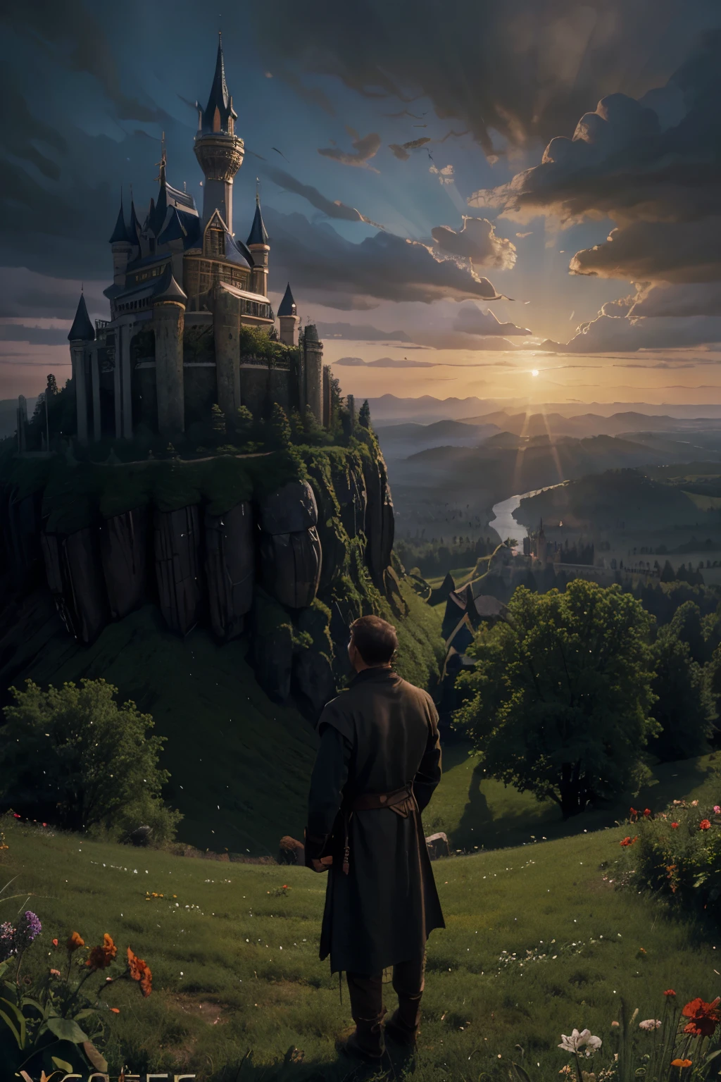 painting of a man in traditional slavic clothing standing with spread hands to the sky, watching the sky and praying with open arms, a detailed matte painting inspired by Tuomas Korpi, cg society contest winner, fantasy art, tomas kinkade, the entrance of valhalla, in the early morning, kalevala, summer morning, slavic folk fairytale, charles vess and thomas kinkade, illustration matte painting, man standing from behind, spectator from behind a man, a silhouette of a castle in the sky, emerald castle in the sky, fantasy castle in the skies