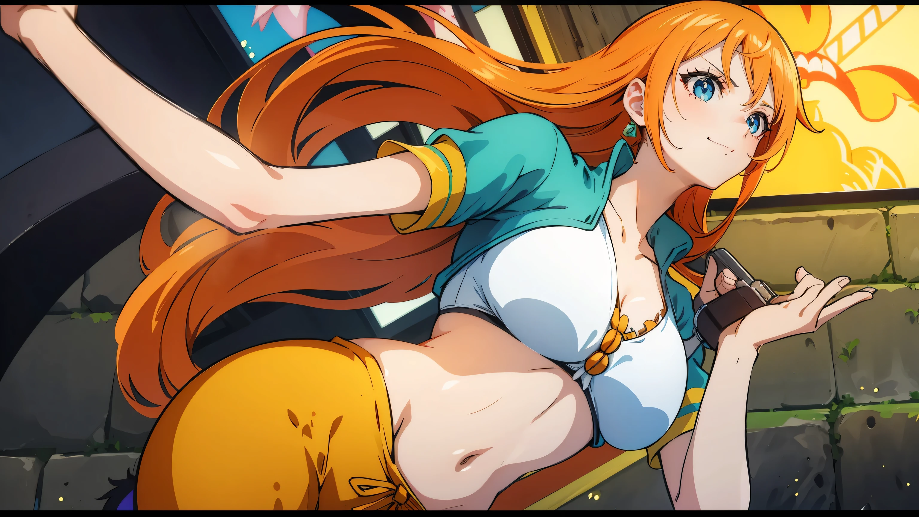 generate style anime nami onepiece unique piece. Capture your distinctive appearance with orange hair, uma camisa, and a joyful expression. Certifique-se de que a imagem reflete sua personalidade aventureira e confiante, como mostrado no anime.., corpo completo, Plano amplo , NSFW, CURVED ATHLETIC BODY, Fundo da ilha,Bra top, saia, olhos laranja, olhos laranja, axilas