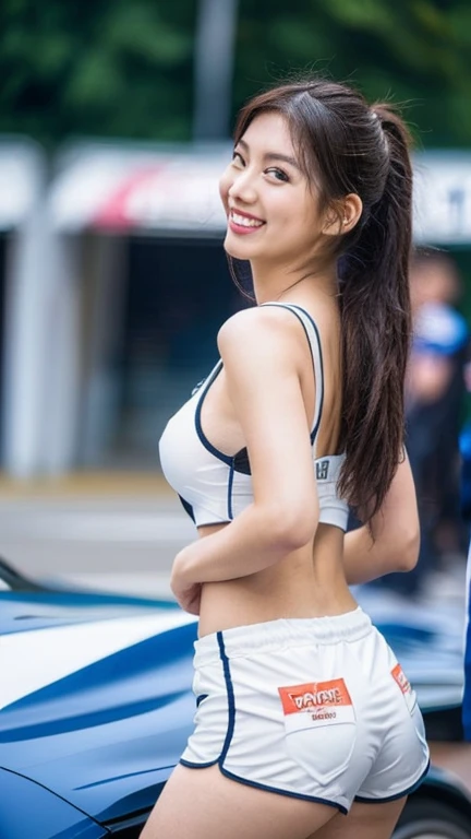 Highly detailed CG Unity 8K wallpaper, highest quality, Super detailed, masterpiece, realistic, photo realistic, Highly detailed cute girl, 25 years old, (whole bodyからつま先まで:1.4)、(whole body)、(whole body to toes)、(shot from the side)、(sitting on the hood of a car)、(lace queen)、(sexy pose),(model pose)、(big breasts)、(big ass)、(smile at the camera)、( smile ),(whole bodyショット) ,(Side view)、(side shot)、(ponytail)、(photorealistic:1.3)、
(Sponsored and wearing grid girl costume'logo is printed.:1.3), (shorts) , (sitting in a motorsport race),