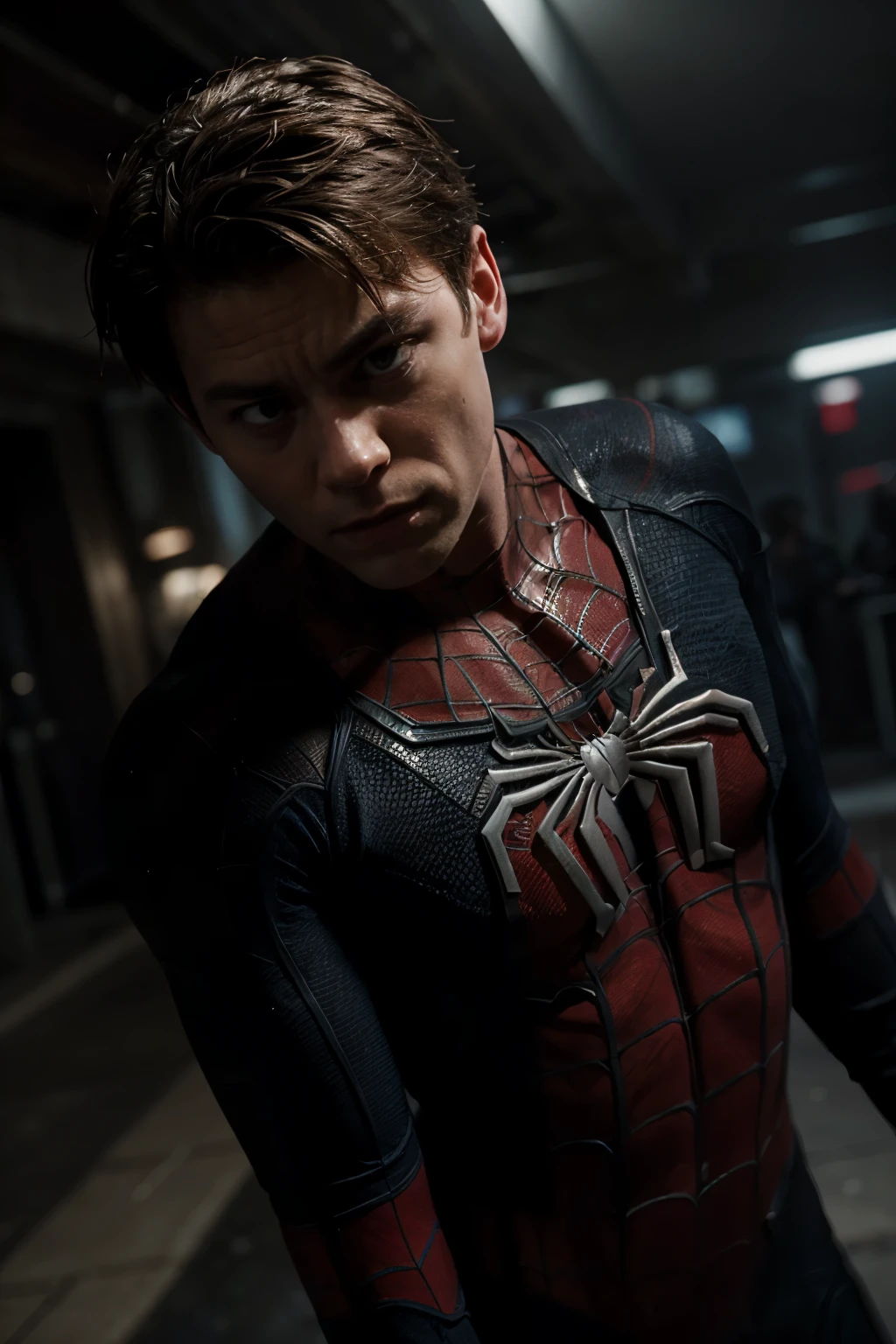 Peter Parker as Spider-Man taking action, hyper-realistic, + cinematic shot + dynamic composition, incredibly detailed, sharpen, details + superb details + evening with light + perfectionism + award winning realism ((moody lighting))