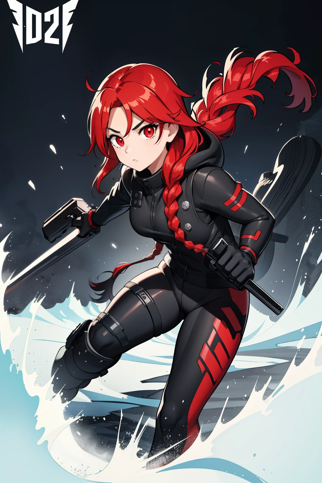 1girl, red braid hair, black suit, red eyes, Female long-haired snowboarder in ski suit with helmet and snow goggles， action sports, Steep, eye-catching detailed art style, Old Japanese anime style，stunning art style, stunning digital illustration, Arte conceitual de inverno, Beautiful digital artwork, High quality wallpaper, High Quality Anime Art Style, 1024px, concept art style
