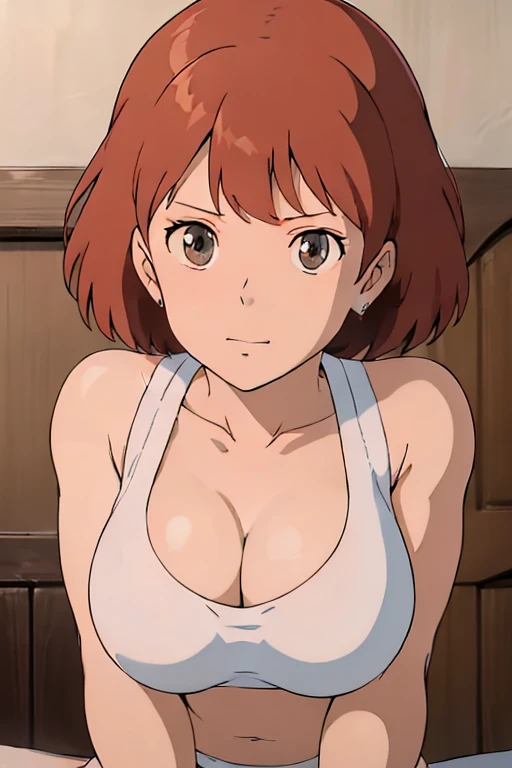 (masterpiece, best quality, high resolution, anime screencap, anime colored, 8k, photorealistic), Nausicaa, women, milf, wife, solo, brown hair, (looking at viewer), huge breasts, cleavage, (white bikini), upper body, forest, (perfect detailed anatomy, beautiful detailed face&eyes:1.5, shiny skin, perfect body)