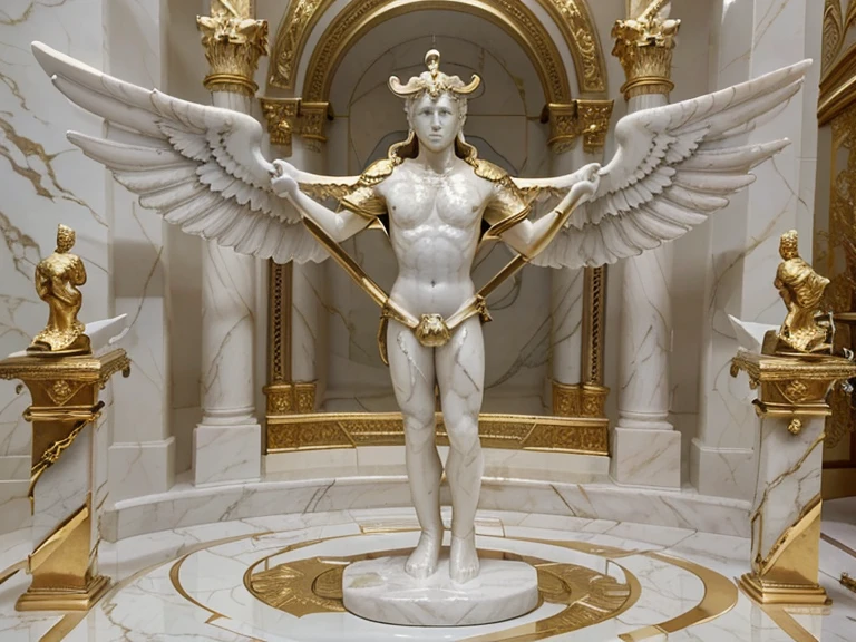 (marble statue of:1.2) (masterpiece:1.2, best quality), Marblegold, (White David, wings, holding a golden sword, golden halo:1.3), marble floor, perfect lighting, white marble room