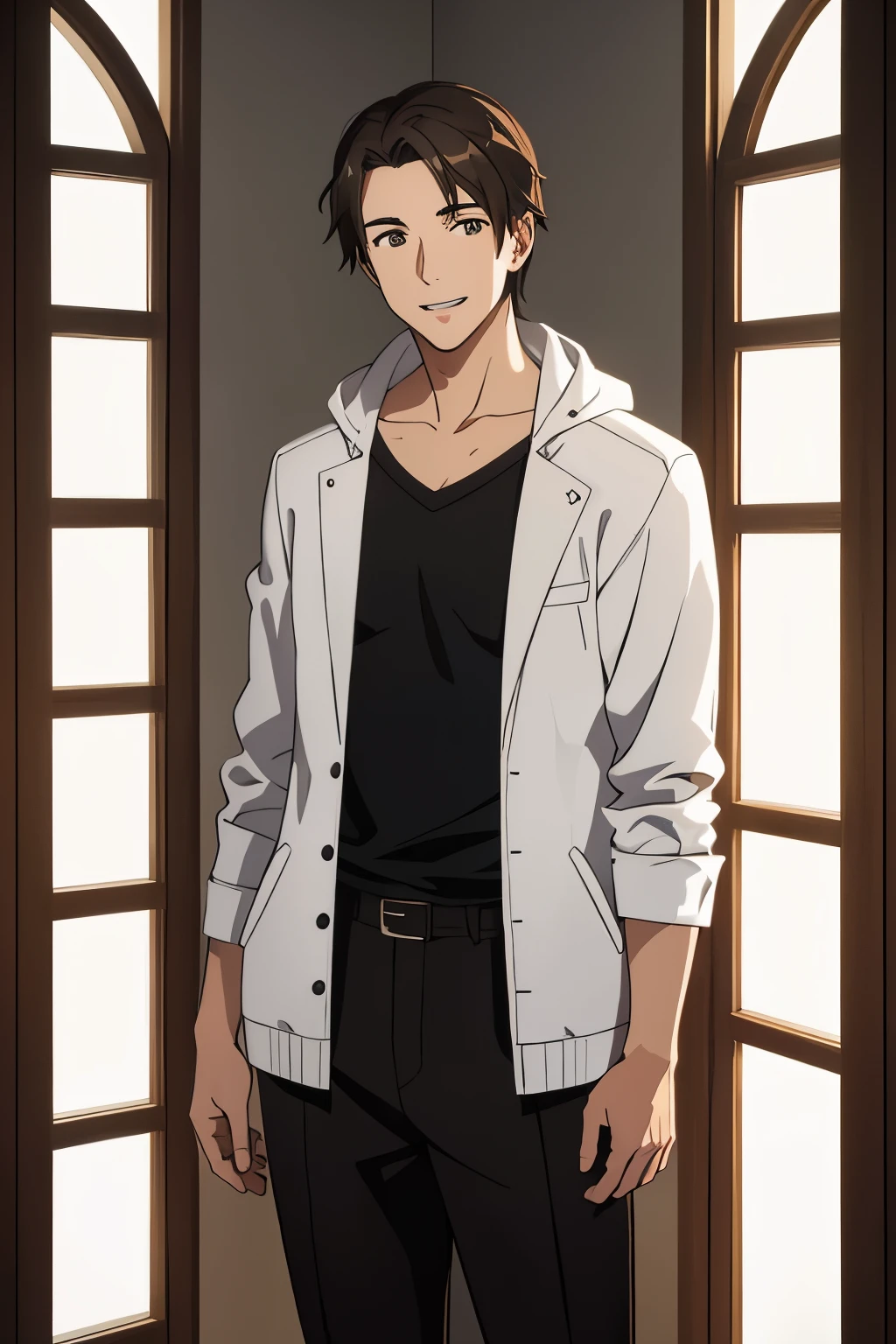 ((masterpiece)),(Best quality),(ultra detailed),(masterpiece:1.2),( Beautiful face),((high-quality face)),(beautiful anime character eyes),The guy is brown-haired, Standing at the window, (Stocky), Medium height,ruddy, (white classic jacket), ((black pants:1.3)), very physically developed, kind guy, really wants to like it, smiling, (()), not an adult, 14 y