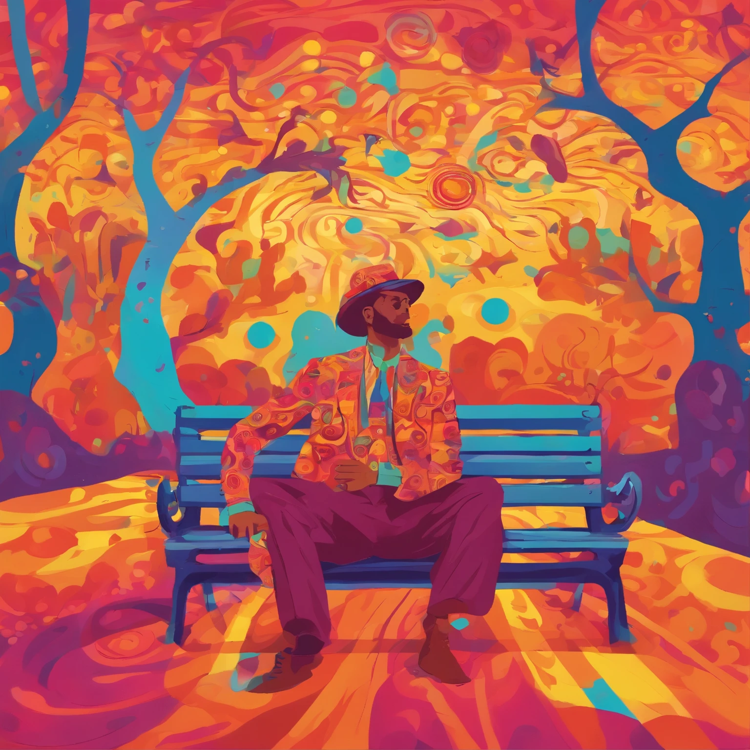 ELEGANT MAN SITTING ON AN OUTDOOR BENCH UNDER A TREE