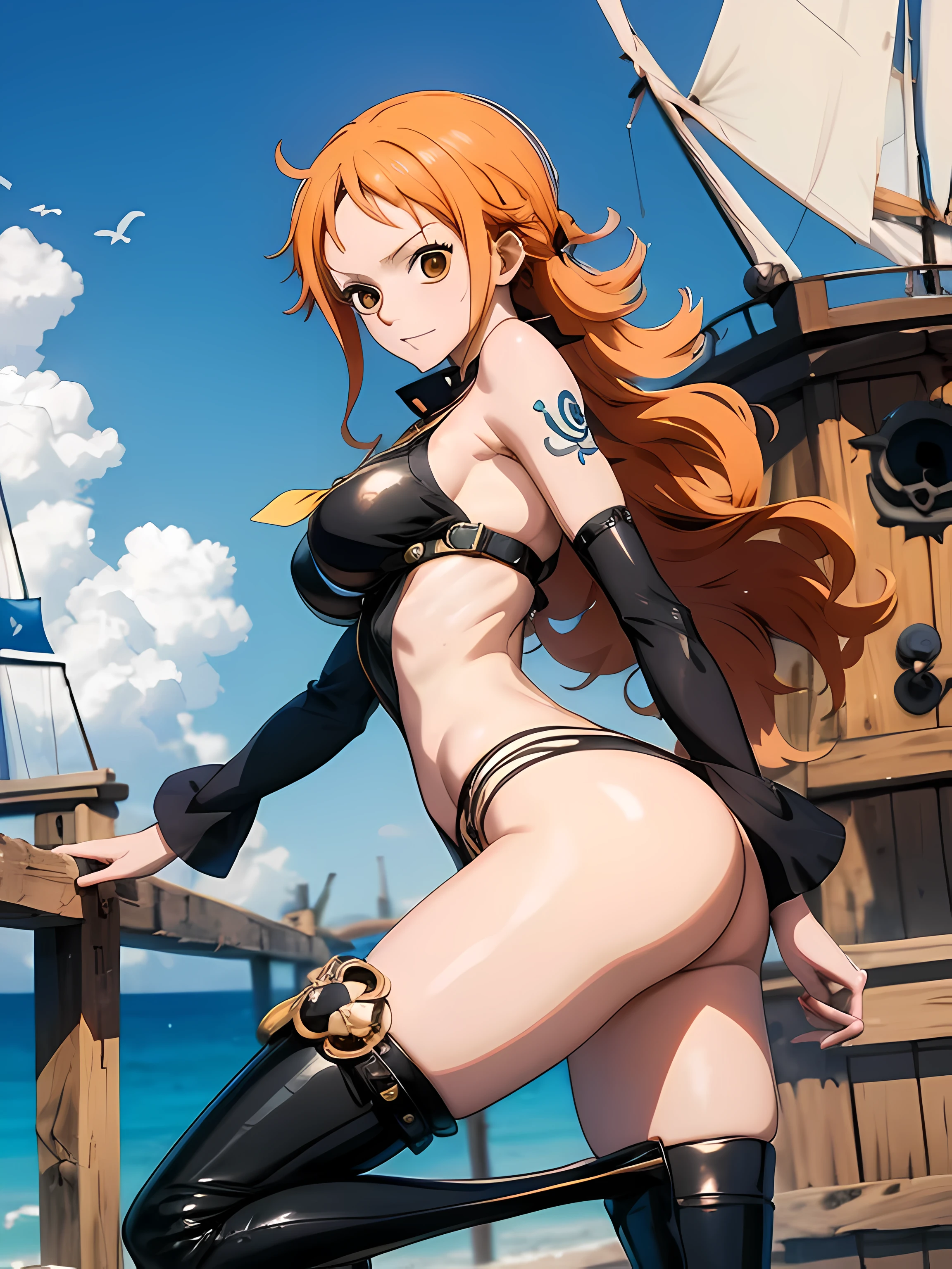 generate style anime nami onepiece unique piece, com cabelos longos laranjados e amarrados, olhos perfeitos e detalhados, seios grandes e decotados, beautiful open legs wearing black boots standing on pirate ship. The image features a high definition 4k HDR resolution.