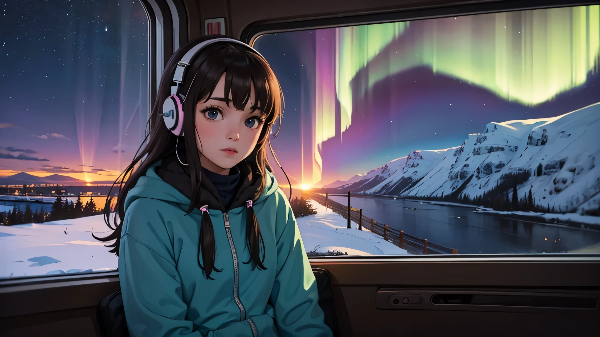 lofi one relaxed brunette girl rides inside van, looks through window, head glued to window, she sees colorful northern lights over beautiful landscape of Reykjavik. girl is at side of picture. girl has headphones. warm clothes. night. long hair