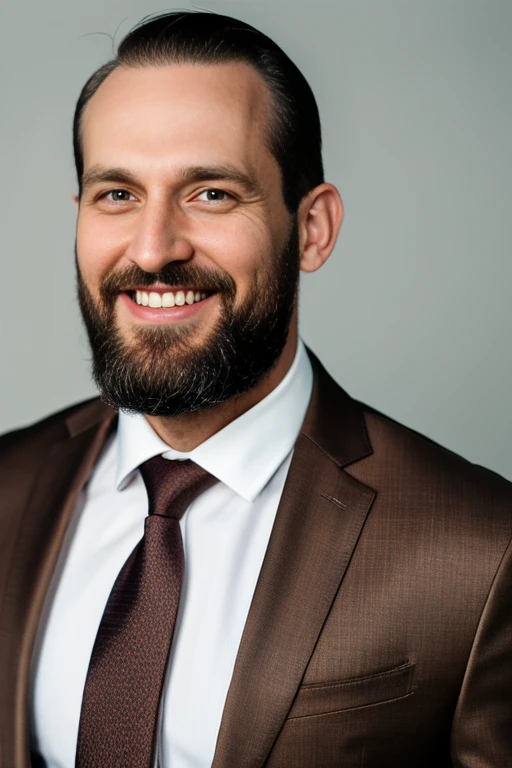 Hyperrealism ultra detailed photography portrait a tall thirty-five year old man with a beard highly detailed brown eyes short hair almost shaved wearing a suit and tie in a skyscraper at night smiling