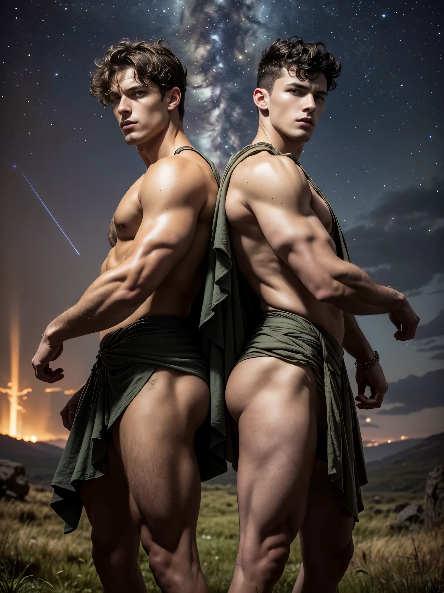 Photorealistic, ((best quality)), ((masterpiece)), (detailed),masculine portrait of geminis, personificatioin of GEMINIS, (idenitcal twins:1.3), alike twins, looking exactly the same twins, 18-year-old male twins models, handsome, tall, cute looking twins, evil look, dark look, powerful, 2 young identical male twins, handsome models, super strong, muscular, fit, massive muscles, six pack, clean shave, green eyes. (short curly messy brown hair:1.4), messy curly hair, ancient linen Greek small skirt, linen antique draped cloth skirt, shirtless, barechested, muscule, ripped, strong body, fit body, brothers, highlands scotland, green fields, constellations, Mercury, galaxies, 8k, high detailed, ultra-detailed, Stylish Pose, real skin texture, dark cinematic lighting, ancient outerspace, constellation, galaxies, stars in the background