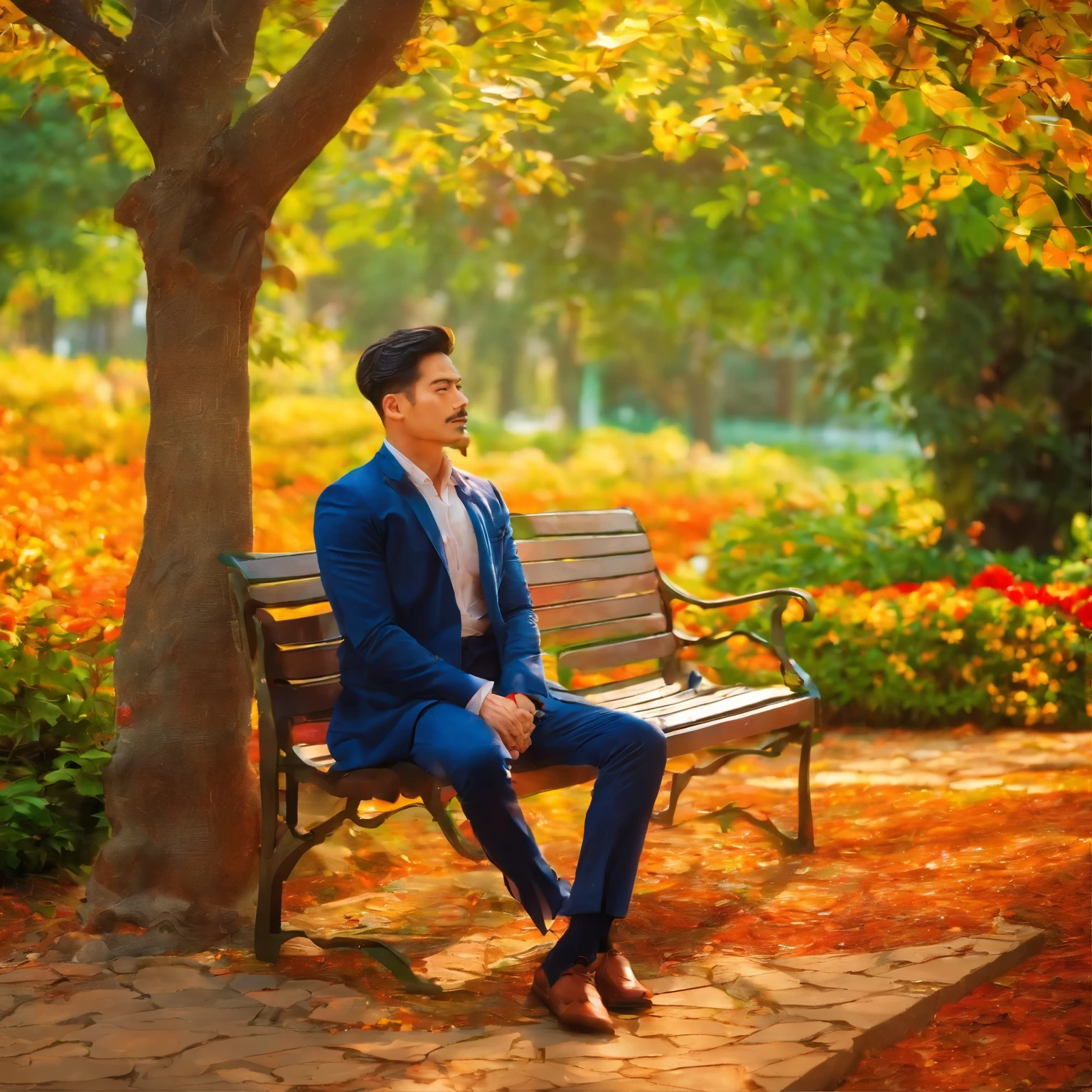 A man with a sophisticated look and elegant attire is sitting leisurely on a beautifully designed outdoor bench. The bench is placed under a majestic tree, providing a serene and picturesque setting. The man exudes grace and confidence as he sits comfortably, enjoying the tranquil atmosphere. His eyes reflect intelligence and depth, while his refined facial features, including his well-defined nose and perfectly shaped lips, add to his overall allure. The tree above him gently sways with the breeze, casting a dappled shade on the bench, creating a harmonious play of light and shadow. The surrounding landscape is composed of lush greenery and vibrant flowers, enhancing the beauty of the scene. The image quality is top-notch, with ultra-detailed textures that capture every intricate detail, from the man's finely tailored clothing to the delicate veins on the tree leaves. The colors are vivid, enhancing the natural beauty of the setting, and giving the image an uplifting and cheerful tone. The lighting is soft and warm, creating a cozy and inviting ambiance. This prompt is intended to generate a masterpiece-level artwork with a realistic and sophisticated art style, highlighting the grace and elegance of the man and the enchanting outdoor setting. (best quality,4k,8k,highres,masterpiece:1.2),ultra-detailed,(realistic,photorealistic,photo-realistic:1.37),outdoor scene,beautifully designed bench,elegant attire,refined facial features,serene atmosphere,tranquil setting,majestic tree,graceful posture,greenery and flowers,lush landscape,dappled shade,harmonious play of light and shadow,vivid colors,soft and warm lighting.