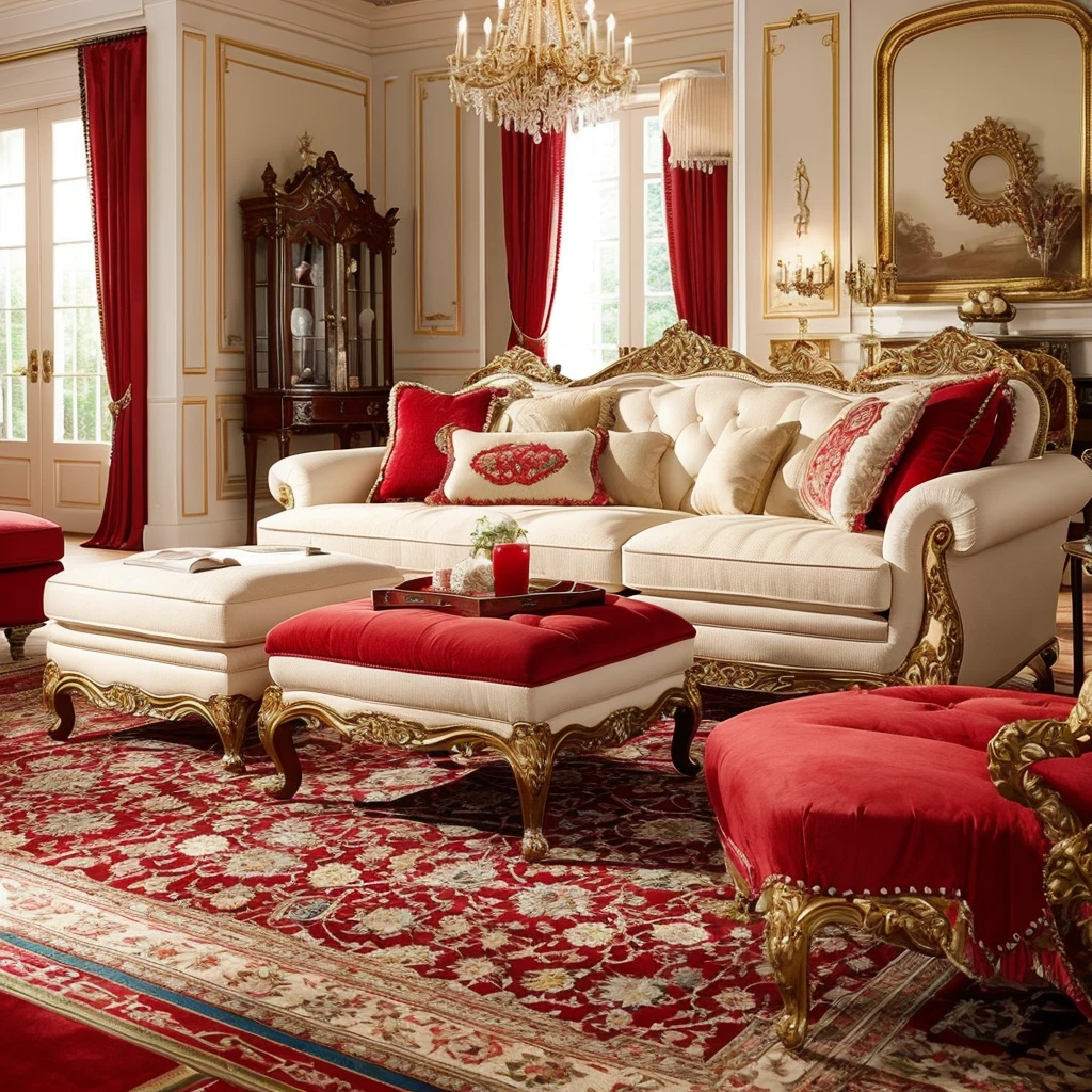 (Best quality)), ((masterpiece)), (detailed),  Bright armchair and ottoman in a bright room.Fancy Furniture, ornate, bright and compatible colors, difficult, fantastic, white red color scheme, Bright accents, unusual drapery on furniture, elegant, ornate.