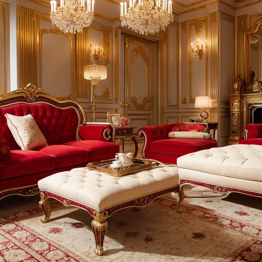 (Best quality)), ((masterpiece)), (detailed),  Bright armchair and ottoman in a bright room.Fancy Furniture, ornate, bright and compatible colors, difficult, fantastic, white red color scheme, Bright accents, unusual drapery on furniture, elegant, ornate.