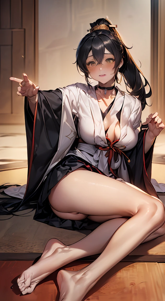 (masterpiece:1.2, highest quality), (realistic, photorealistic:1.4), beautiful illustrations,
looking at the viewer, whole body, Front view:0.6,
1 female, 34 only, Japanese, ((long black hair:1.5, high ponytail:1.5)), bangs, hair between eyes, ((height: 158cm, medium breasts:1.6, big ass))
beautiful hair, beautiful face, beautiful and detailed eyes, (yellow eyes:1.3), beautiful clavicle, beautiful body, beautiful breasts, beautiful thighs, beautiful feet, beautiful fingers, perfect anatomy:1.3, perfect anatomy
(Japanese style room)
((Priestess clothing:1.5, choker:1.6)), white panties:1.6,
((Grasp the hem of the skirt with your right hand, Put your left hand on your chest, sit with legs apart:1.3)),
(Look at the viewer while blushing:1.3), ((NFSW:1.3))