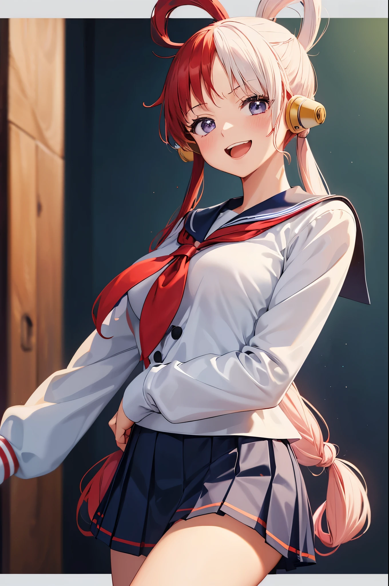 one piece, Song, Red and white hair, (solo:1.3), (one girl:1.3), (navy blue sailor uniform:1.3), (long sleeve school uniform:1.3), (navy pleated skirt:1.3), medium-sized chest, blush, smile, open your mouth, super detailed eyes, super detailed fingers, Ultra detailed hands, (School:1.3)