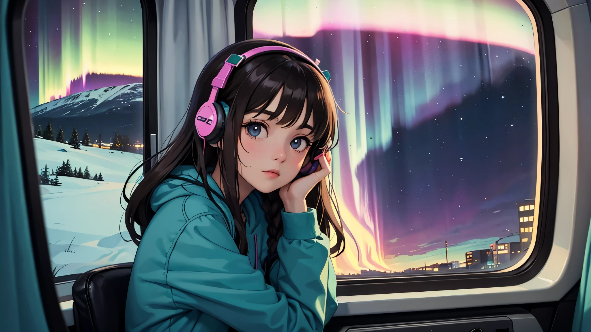 lofi one relaxed brunette girl rides inside van, looks through window, head glued to window, she sees colorful northern lights over beautiful landscape of Reykjavik. girl is at side of picture. girl has headphones. warm clothes. night. long hair