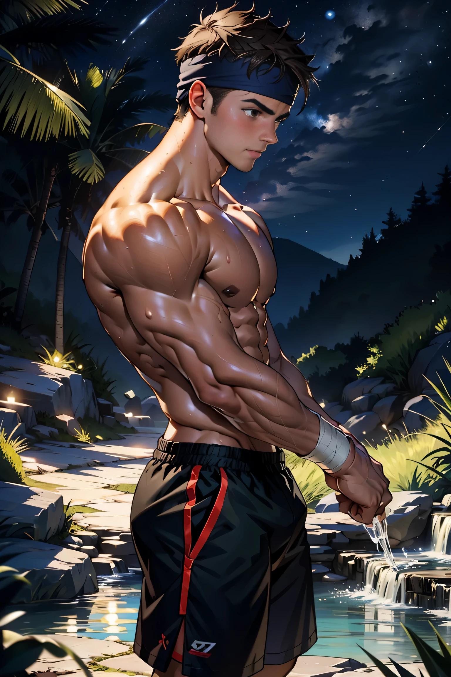 (masterpiece, highest quality, 18 year old boy, 8K, super detailed, (bust shot)), (From the side, look away, Eye of the worm, thin lips), (1 boy, alone), young, (ager), (dark short straight hair, undercut, brown eyes), Topless, topless, (torn headband, ripped shorts, bandaged arms), (Depth of bounds written:1.2), (abs, chest, upper arm), (topless male), man with martial arts stance, motionless body, (starry night), Sweat,