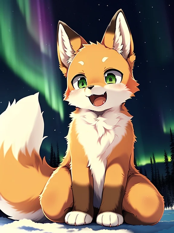 e621, by Dagasi, by healing pit, solo female (fox, furry, thighs, green eyes, cute, big eyes, fluffy ears, fur, detailed fur, fluffy chest, bust fuzz, fluffy ears, fluffy tail, (full body: 1.6), fox claws, paws, soft fur, 1 tail, big tail, fox, quadruple), detail lighting, shadow, movie lightning, (realistic proportions, wild proportions, animal proportions), wild, human genitalia, NSFW,  shadow, masterpiece, detailed ambient light, detailed background, backlight, dusk rays, fur light reflection, (alaska, in alaska, northern lights, winter, cold), lying, playful, masterpiece, natural light, smug, face close to viewer, pastel color, illustration, high quality, happy, open mouth and look up into perspective, perspective from small, curved thighs, huge thighs