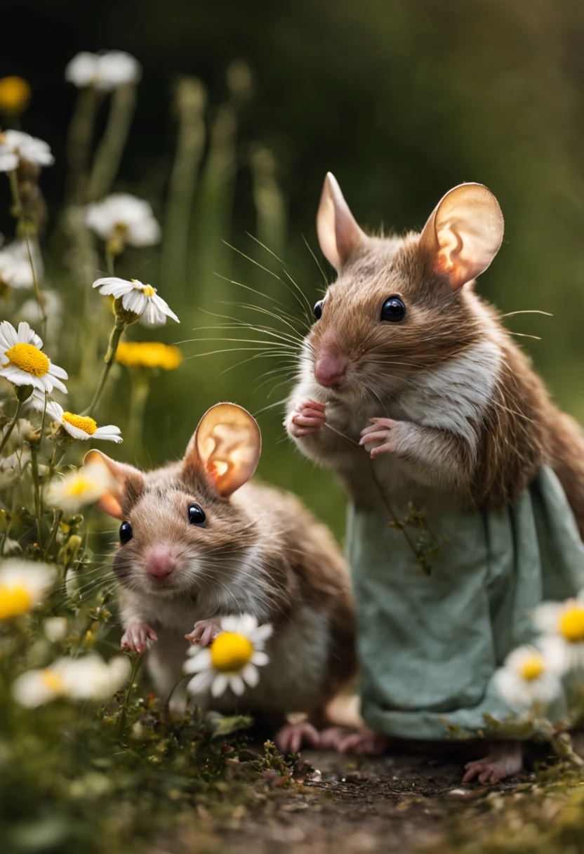 Extrememly realistic country mice dressed in pastel peasant dresses and bows in the style of Beatrix Potter , picking wildflowers black mountain college, bloomsbury group, portraiture style of edwardian beauty, layered textures , elegantly formal (Rembrandt Lighting), zeiss lens, ultra realistic, (high detailed skin:1.2), 8k uhd, dslr, Dramatic Rim light, high quality, Fujifilm XT3 HDRI