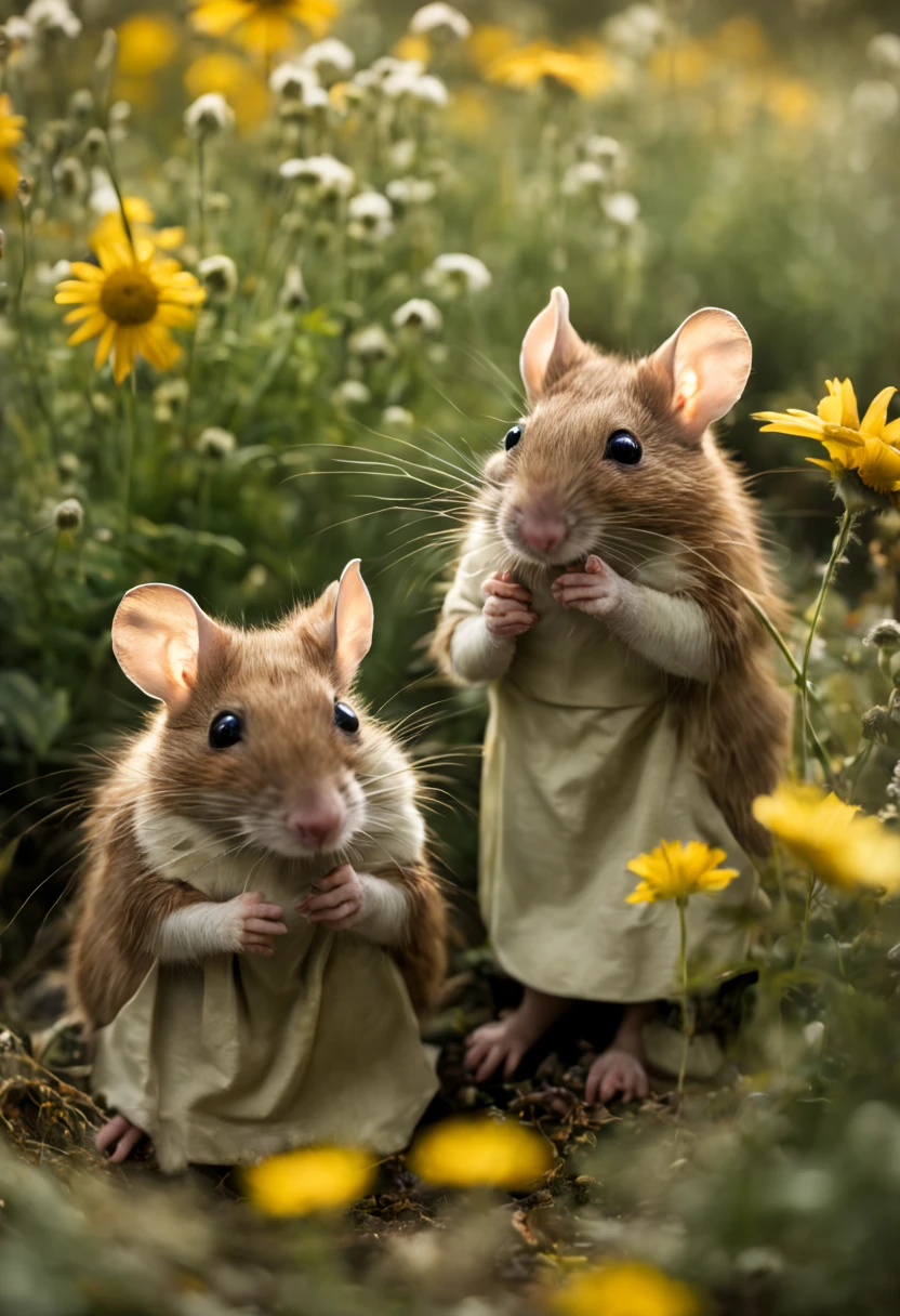 Extrememly realistic country mice dressed in pastel peasant dresses and bows in the style of Beatrix Potter , picking wildflowers black mountain college, bloomsbury group, portraiture style of edwardian beauty, layered textures , elegantly formal (Rembrandt Lighting), zeiss lens, ultra realistic, (high detailed skin:1.2), 8k uhd, dslr, Dramatic Rim light, high quality, Fujifilm XT3 HDRI