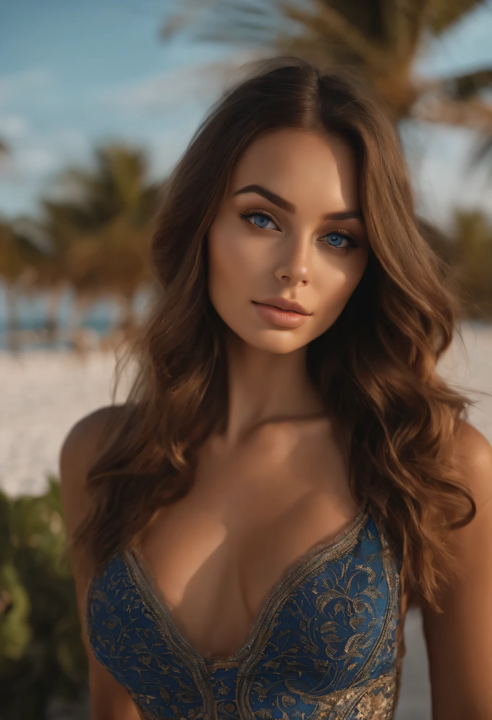 Latino and Swedish Woman, sexy girl with blue eyes, ultra realist, Meticulously detailed, Portrait Sophie Mudd, brown hair and big eyes, selfie of a young woman, Maldives, black suite, with makeup, natural makeup, looking straight at camera , Face with Artgram, Subtle makeup, Great photo of the whole body the beach, in Miami, Medium to large bust, in a sexy dress outfit, standing on Miami, with blue eyes