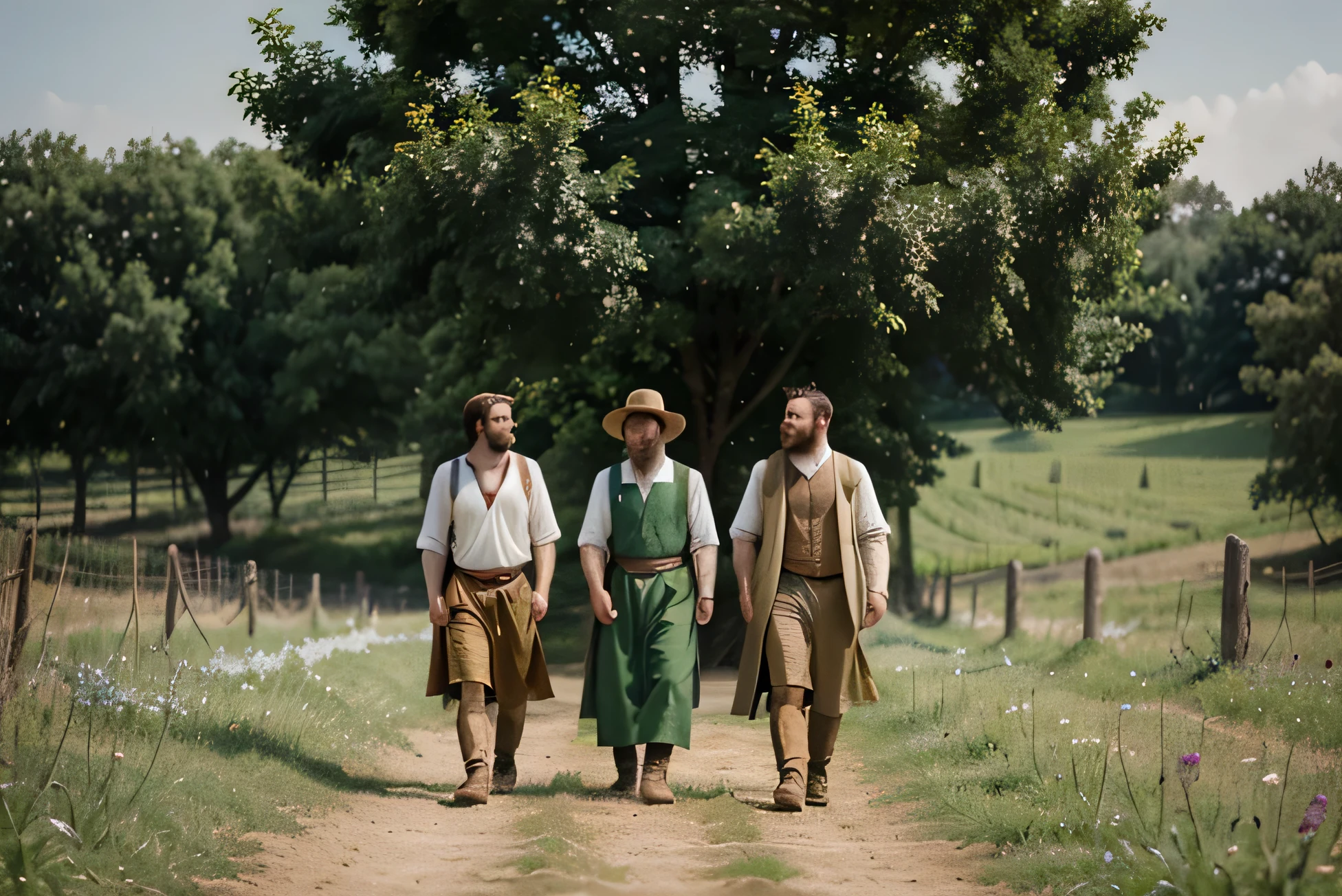 Create an image of a peaceful rural area, a bearded man dressed in traditional peasant clothing and two adult men in simple clothing, roupas maravilhosas em um extenso vinhedo. The vibrant green of the fields and the rich colors of the large trees create a striking contrast to the man's simple attitude. The image is rendered in a surreal style, with dreamlike elements and a touch of whimsy.