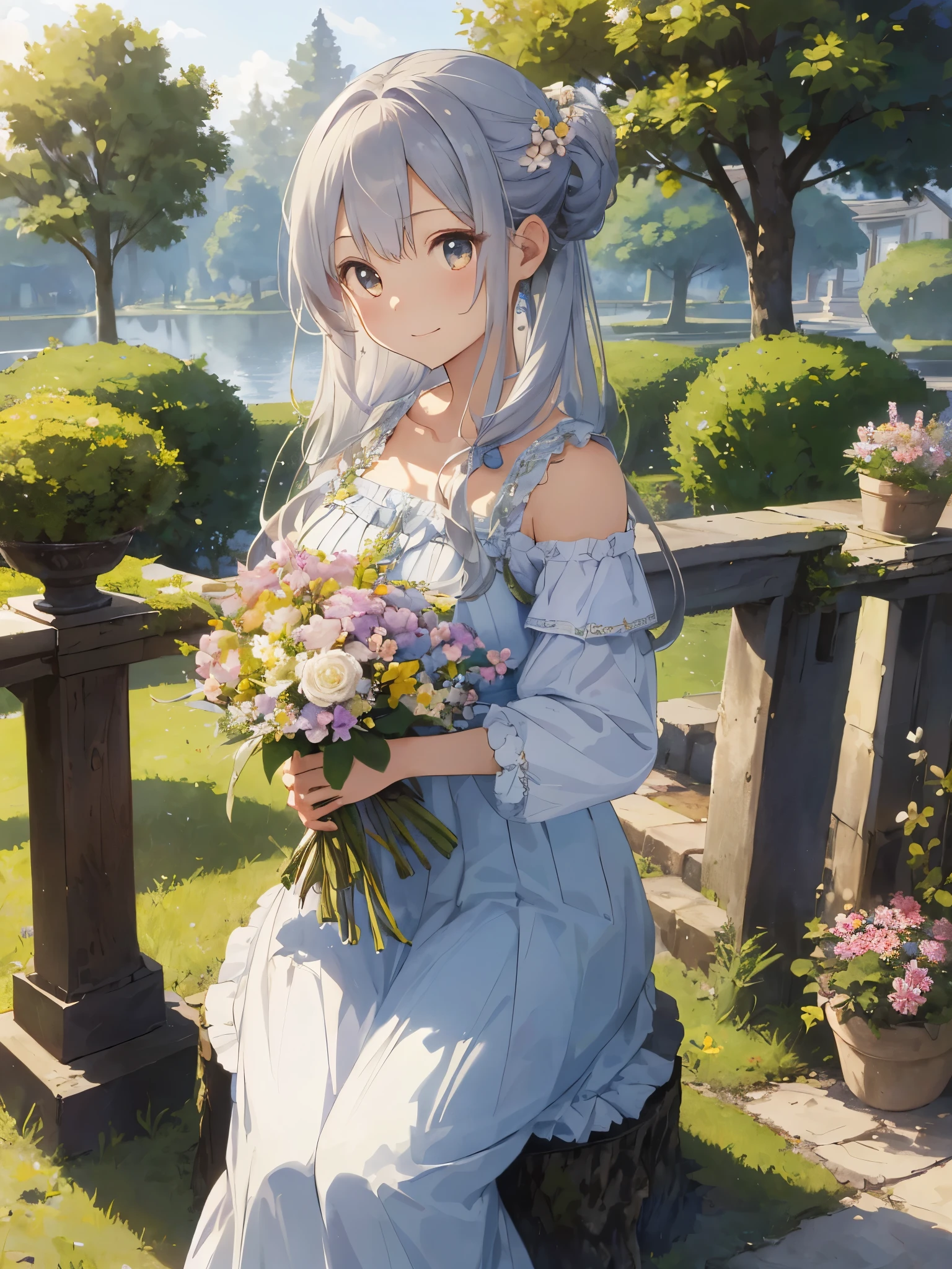 (masterpiece、highest quality、enlightenment、very high quality、High level image quality、Extremely sensitive writing)Girl with long silver hair standing in beautiful flowery garden、slight smile、She has a large bouquet、Sit on a stump、Cute national costume style dress with ruffles on the shoulders、hair blowing in the wind