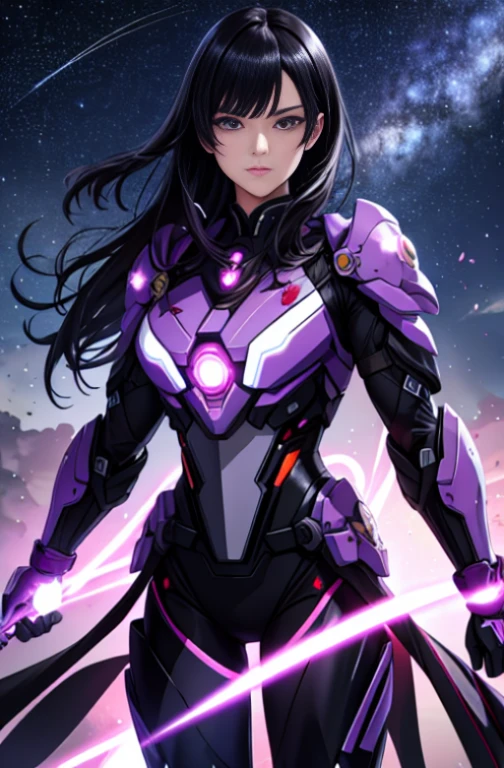 masterpiece, top quality, upper body, black hair straight, masterpiece, battle suit with sakura pattern, luminescent black hair straight hair, starry sky, purple fire beam, sakura flower, battle scene