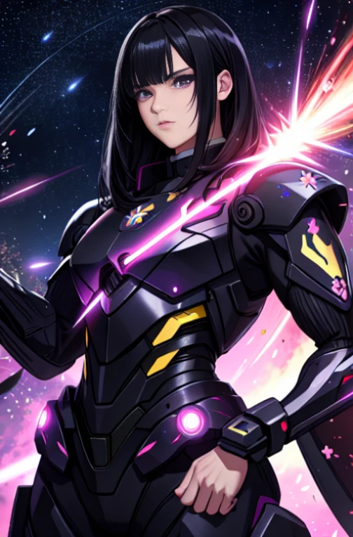 masterpiece, top quality, upper body, black hair straight, masterpiece, battle suit with sakura pattern, luminescent black hair straight hair, starry sky, purple fire beam, sakura flower, battle scene