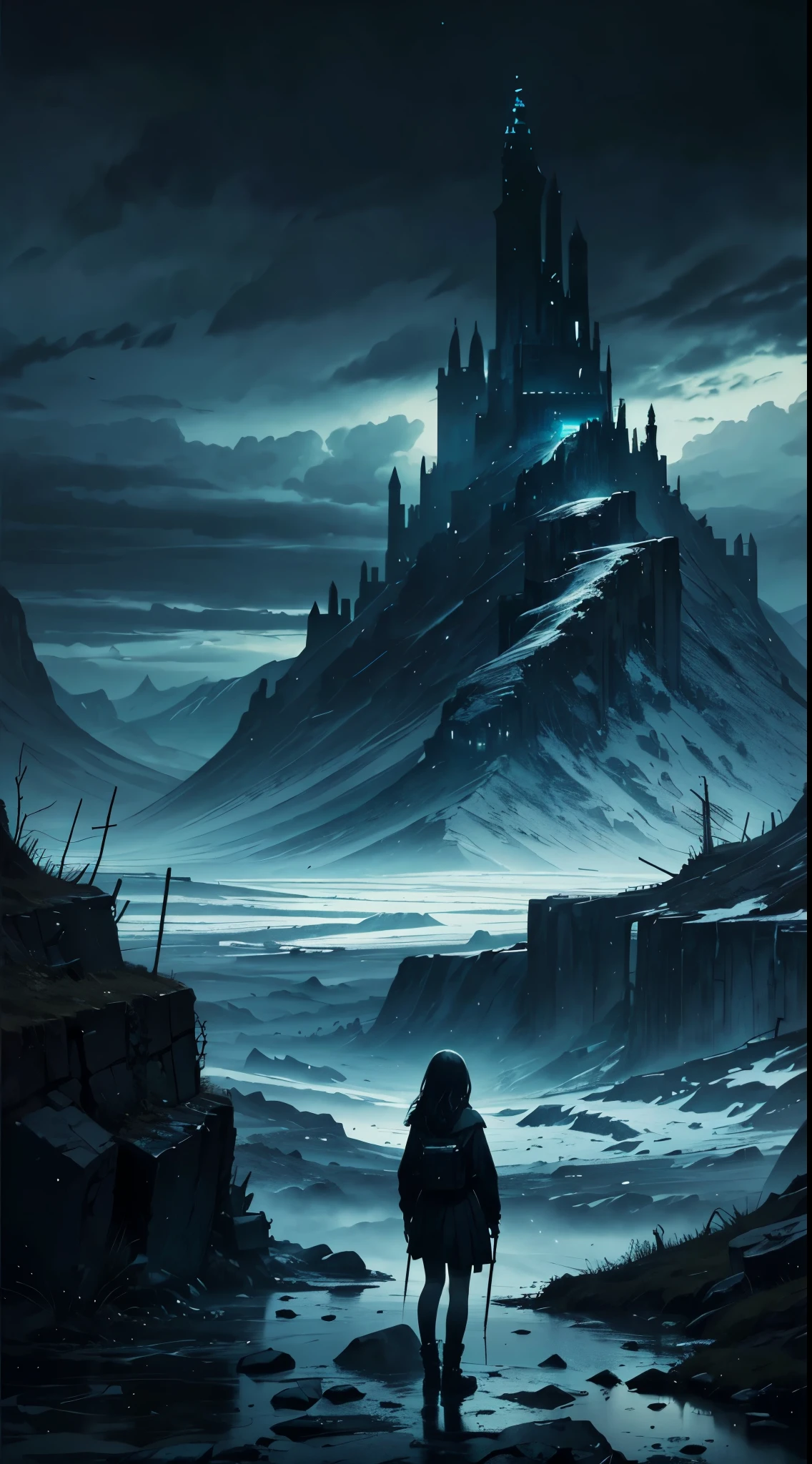 hopeless landscape, dark fantasy, beautiful landscape, masterpiece, tundra, dark sky, hopeless girl, cold atmosphere