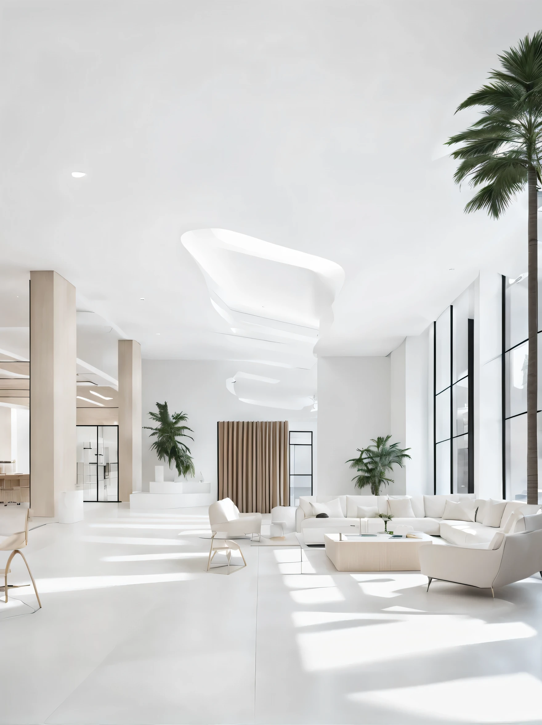 Dynamic office area with palm trees and an aesthetic minimalistic touch to it, elegant and modern