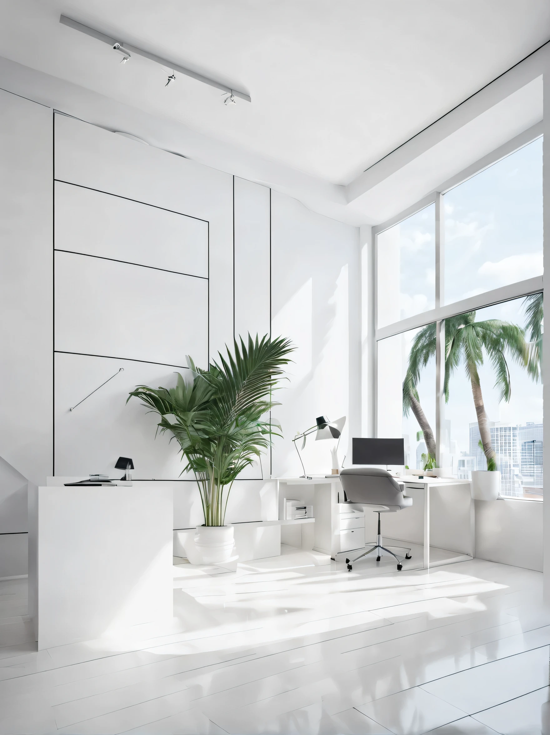 Dynamic office area with palm trees and an aesthetic minimalistic touch to it, elegant and modern
