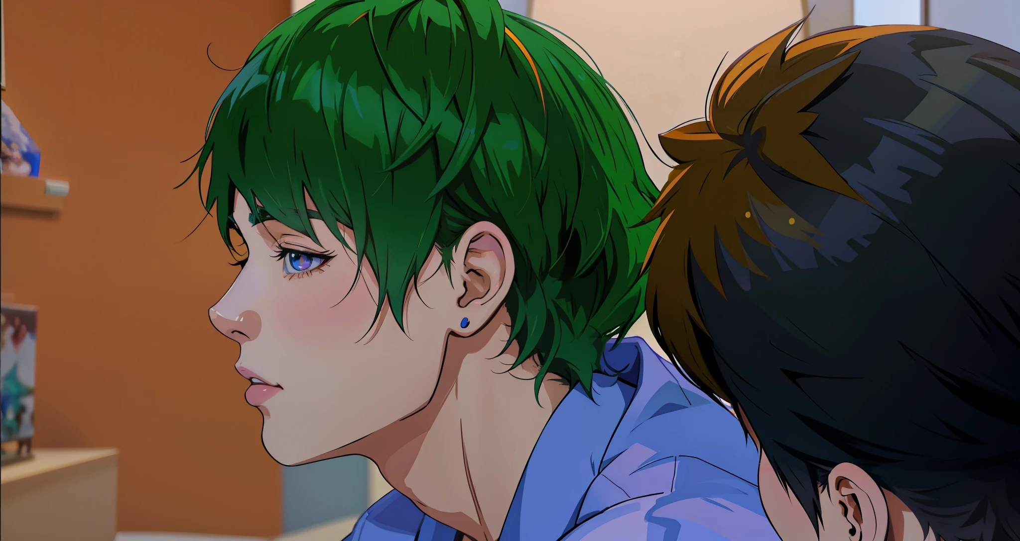 chico anime con cabello verde y una camisa morada mirando a una mujer, pintado en estudio de pintor anime, hecho con estudio de pintor anime, estilo de realismo anime, estilo anime semi-realista, realistic anime art style, fanart exquisito muy detallado, arte de anime digital detallado, Nick Silva e Ilya Kuvshinov, estilo anime realista 3d, estilo de arte anime realista