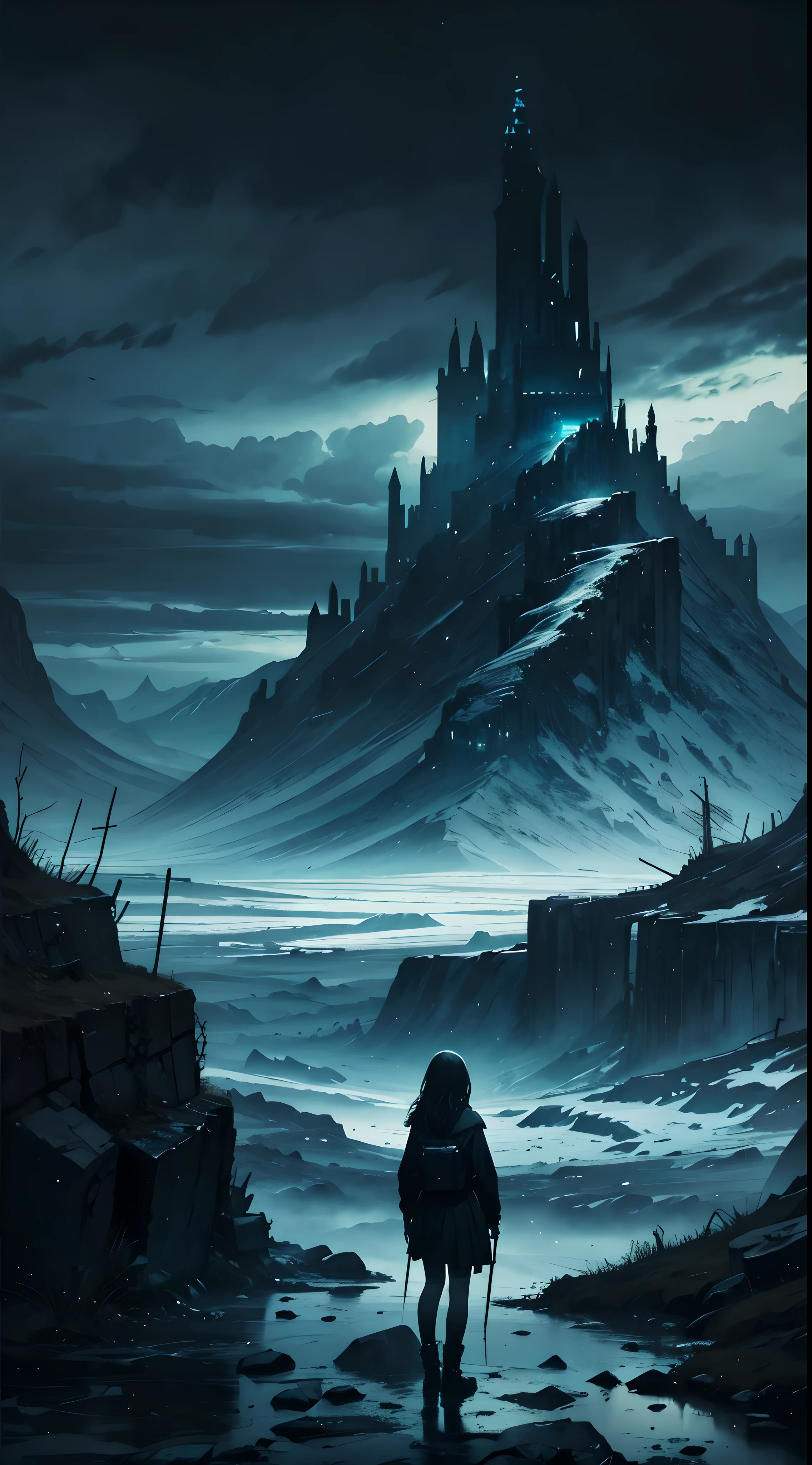 hopeless landscape, dark fantasy, beautiful landscape, masterpiece, tundra, dark sky, hopeless girl, cold atmosphere