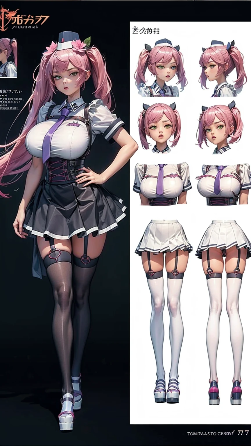 girl, solo, full body, from head to toe, standing, (Huge_Breasts:1.3), beautiful body, perfect body, nice body,
((Character Design Sheet:1.7, character reference sheet:1.7,)),
quiry, twintails, hat, hair ornament, hair flower, necktie, white shirt, short sleeves, skirt, garter straps, white thighhighs