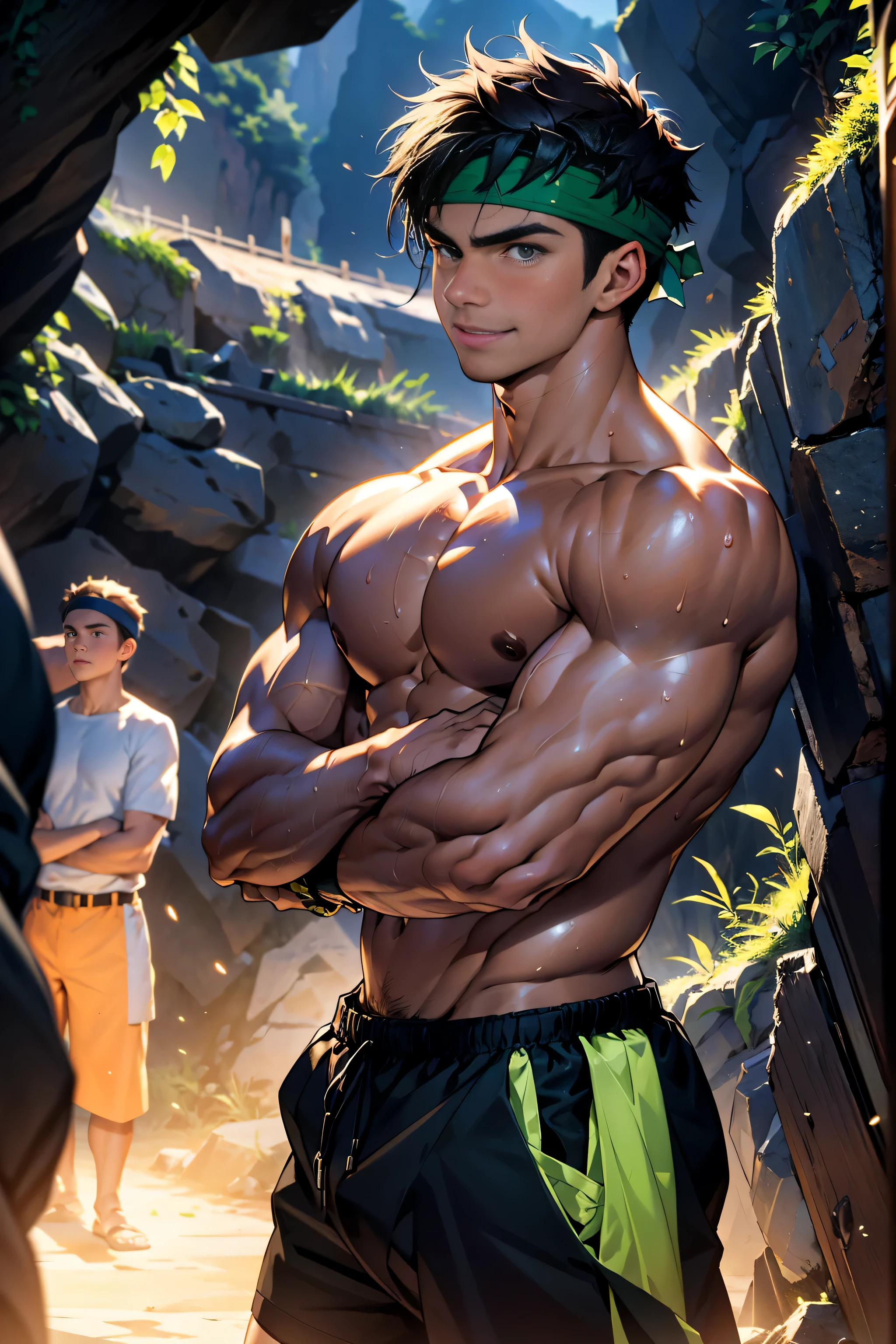 (masterpiece, highest quality, 18 year old boy, 8K, super detailed, (cowboy shot)), (look away, soulful eyes, thin lips), (1 boy, alone), young, (ager), (dark short straight hair, undercut, black eye), Topless, topless, (green headband, bandaged arms), (Depth of bounds written:1.2), (abs, chest, upper arm), (topless male), man with martial arts stance, motionless body, (background: inside the cave, night), Sweat, grin and laugh