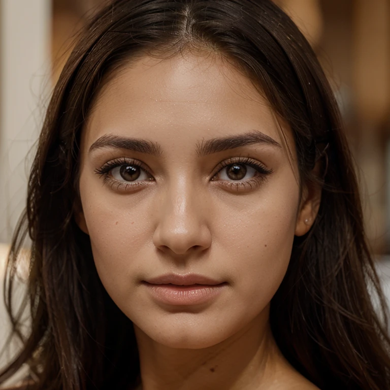 a typical Latina brunette woman with almond-shaped eyes, un nez fin, un visage fin, des cheveux longs, visage de face, ultra realistic