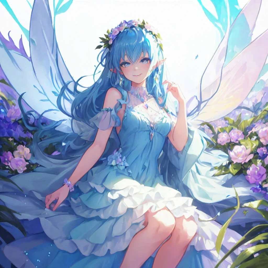 beautiful fairy girl in tiered colorful gradient ballgown dress, best quality,masterpiece,16k or 8K,ultra detailed,gradation sparkling ,One piece with plenty of frills、 queen of the fairies, giant white fairy wings、 Flowers and colorful plants, beautiful, masterpiece, highest quality、gradient hair, light blue hair, floating hair, wavy hair,fluffy hair、 very long hair, Hair ribbon at the back of the head, pastel wreath on head,Lavender eyes, long eyelashes, beautiful eyes、pointy ears, light smile, bright pupils, ((Sparkling fluffy layered ball gown)), (magic, Whimsical), Long flowing colorful hair, colorful fantasia background, disney art style, There&#39;There&#39;s a glowing aura around her,  beautiful digital illustration, master piece,best quality,high resolution,ultra detailed,Fantasia otherworldly landscape plants flowers, beautiful, masterpiece, highest quality、chaplet、Relax and sit、glossy smile、flower garden、Hanabubuki、goddess smile、natural makeup、Smile with your mouth closed