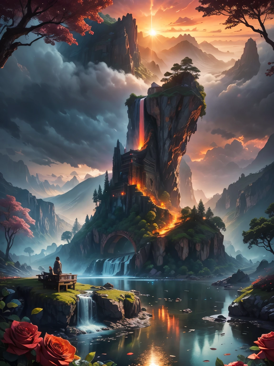 There is a large waterfall in the middle of a mountain, ((ancient city embedded in rock)), epic matte painting of an island, the lost city in the jungle, an Aztec city on an island lake, intricate and beautiful concept art, highly realistic concept art oil painting style, (((masterpiece))), high quality, extremely detailed CG unity 8k wallpaper, landscapes, outdoors, sky, cloud, nobody, mountain, landscape, water, tree, sunset sky with red and orange clouds, cliff waterfall, nature, lake, river, cloudy sky, award-winning photography, bokeh, depth of field, HDR, bloom, chromatic aberration, trending on artstation, trending on CGsociety, intricate, dramatic, midway art , high waterfall, painting of a river with rocks and trees in the foreground, near a river, jungle, crystal clear water, night light, evening sun behind red clouds with divergent sun rays, colorful, river with rocks, rock bridge , epic, fantasy, ((roses and flowers on the banks of the pond)), ((oil painting)), ((bridge rock))