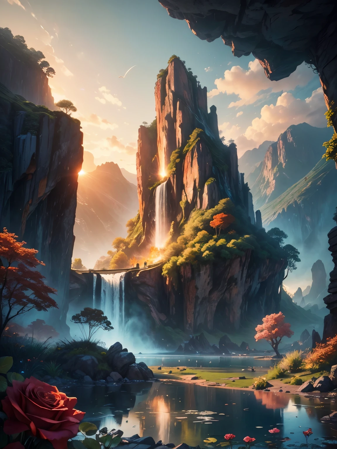 There is a large waterfall in the middle of a mountain, ((ancient city embedded in rock)), epic matte painting of an island, the lost city in the jungle, an Aztec city on an island lake, intricate and beautiful concept art, highly realistic concept art oil painting style, (((masterpiece))), high quality, extremely detailed CG unity 8k wallpaper, landscapes, outdoors, sky, cloud, nobody, mountain, landscape, water, tree, sunset sky with red and orange clouds, cliff waterfall, nature, lake, river, cloudy sky, award-winning photography, bokeh, depth of field, HDR, bloom, chromatic aberration, trending on artstation, trending on CGsociety, intricate, dramatic, midway art , high waterfall, painting of a river with rocks and trees in the foreground, near a river, jungle, crystal clear water, night light, evening sun behind red clouds with divergent sun rays, colorful, river with rocks, rock bridge , epic, fantasy, ((roses and flowers on the banks of the pond)), ((oil painting)), ((bridge rock))