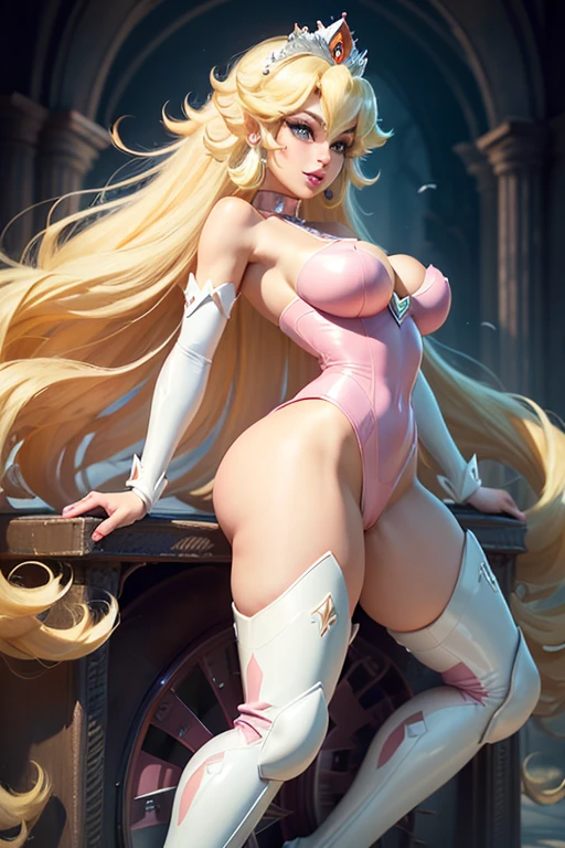 ((Princess peach from super mario bros series))(she has big glowing blue eyes)(bright red lips) (((long blonde straight hair)))(dark eyeshadows make up)((very huge breasts)) (perfect slim body) ((wear pink and white motorbiker leotard and long boots)), (crown) ((posing sexy in princess peach castle)) (masterpiece, high definition, volumetric lights and dinamic shadows)((masterpiece))(8k)(perfect face)(ultra details) (perfect hands, eyes, and face) (bats flying around)