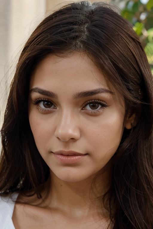 a typical Latina brunette woman with almond-shaped eyes, un nez fin, un visage fin, des cheveux longs, visage de face, ultra realistic