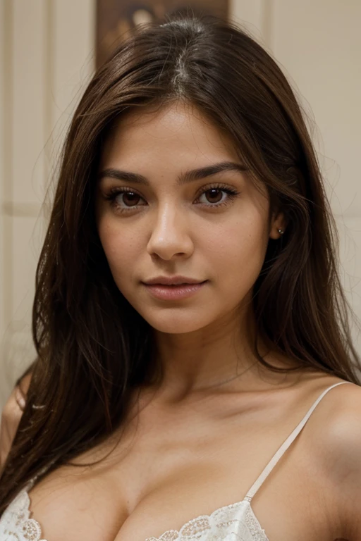 a typical Latina brunette woman with almond-shaped eyes, un nez fin, un visage fin, des cheveux longs, visage de face, ultra realistic