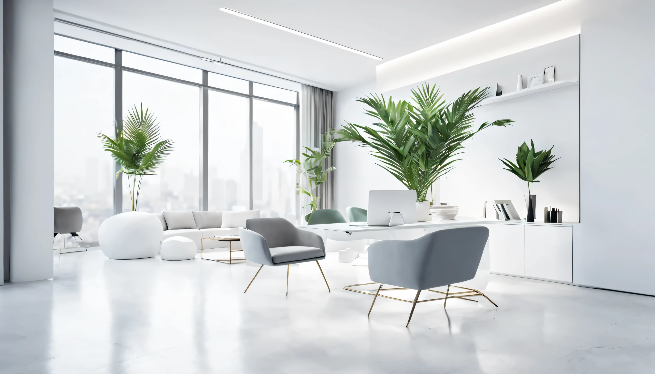 Dynamic office area with palm trees and an aesthetic minimalistic touch to it, elegant and modern