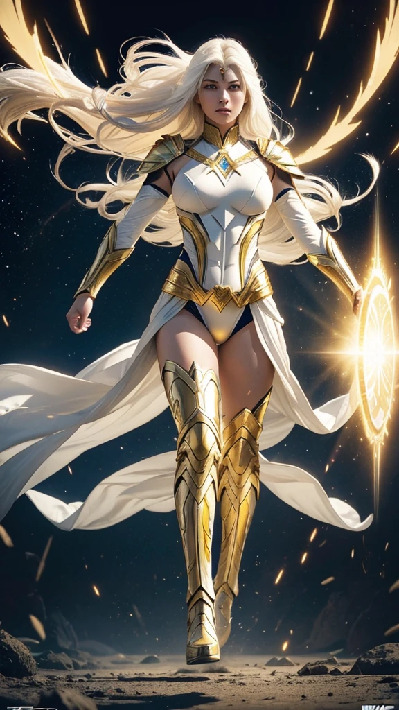 (((full body photo))) A beautiful warrior woman, with long white hair and yellow eyes, wearing white and gold dc comics superman armor with several yellow rays running across her body