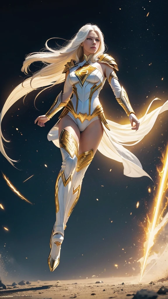 (((full body photo))) A beautiful warrior woman, with long white hair and yellow eyes, wearing white and gold dc comics superman armor with several yellow rays running across her body