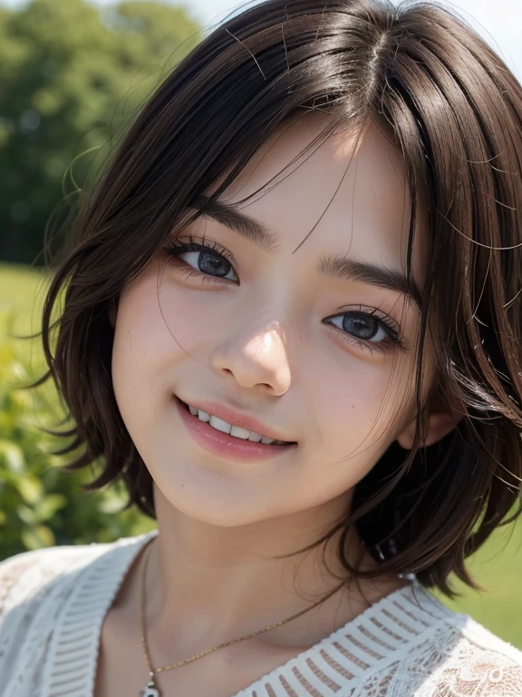 hightquality、hight resolution、ultra-detailliert、masterpiece、foco nítido、Photorealistic、photographrealistic、Raw photography、3/5 shots、lighting like a movie、Detailed skin texture、Detailed fabric texture、美丽的面容、intricate-detail、1人の女性、sixteen years old、Loose dark brown hair、dark brown eyes、hair messy、A simply dressed、Landscapes of the 21st century、Happy smile、Look at viewers