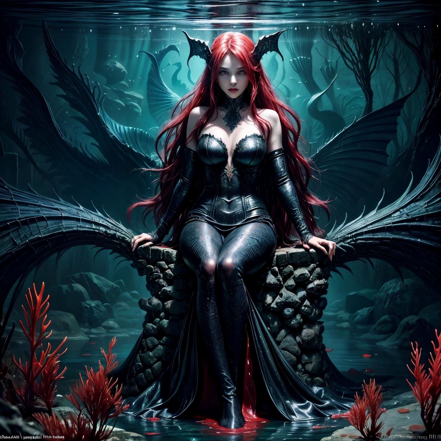 high details, best quality, 16k, [ultra detailed], masterpiece, best quality, (extremely detailed), full body, ultra wide shot, RAW, photorealistic, dark fantasy art, dnd art, rpg art, realistic art, an ultra wide picture of a vampiric mermaid (1.5 intricate details, Masterpiece, best quality) blood mage casting ((blood control spell)), blood wizard ((blood magic, intense magic details)), ((controlling a swirling mass of blood)) underwater, magical symbols GlowingRunes_pink, female vampiric mermaid, pale skin, black hair, long hair, swirling hair, lower body tail fin, intense eyes, red eyes, small (( red eyes)), ((glowing eyes)), wearing sea shell clothing, beautiful dark mermaid, underwater background, rich underwater life, ((magical atmosphere)), fish and sea weeds, high details, best quality, highres, ultra wide angle