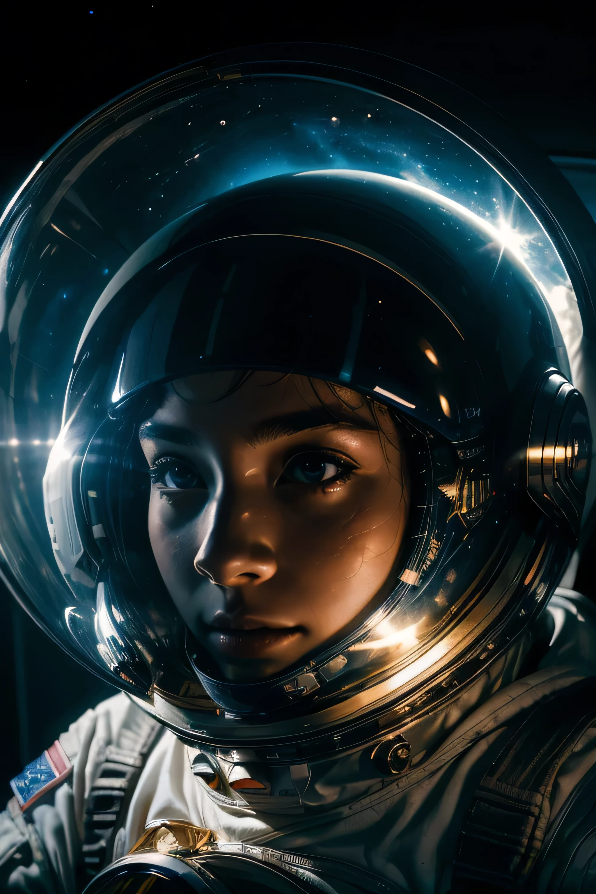 (space astronaut:1.3)Captura a imagem de um astronauta futurista com um Metallic face contra um cenário de céu espacial estrelado. The camera is positioned at a close distance from the astronaut&#39;cara, allowing a clear view of details. The helmet is open, revelando o astronauta&#39;Metallic face. Luzes multicoloridas emanam das laterais internas do capacete, casting a subtle glow over the astronaut&#39;cara. Be sure to capture the unique expression and futuristic atmosphere of this scene. The image must highlight details accurately and offer an immersive view of the astronaut in space.